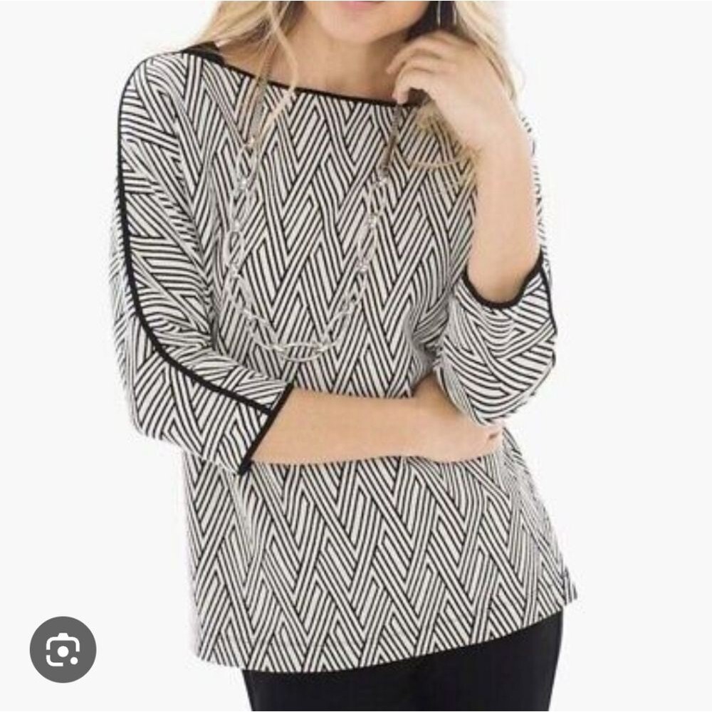 Chicos Diamond Jacquard Tipped Boat Neck Mid Sleeve Top Blouse Size 0/S